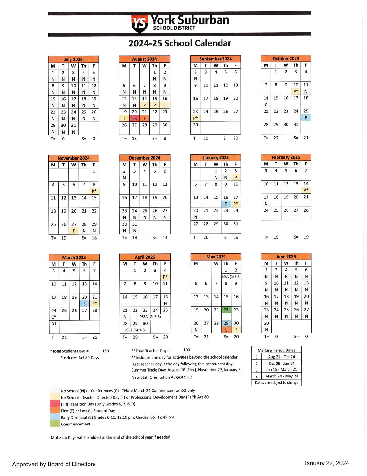 District Calendar York Suburban School District